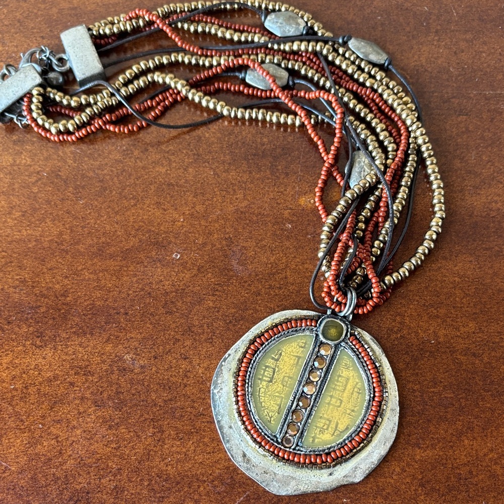 Chico's Rust and Gold/Pewter Multi-Strand Pendant Necklace